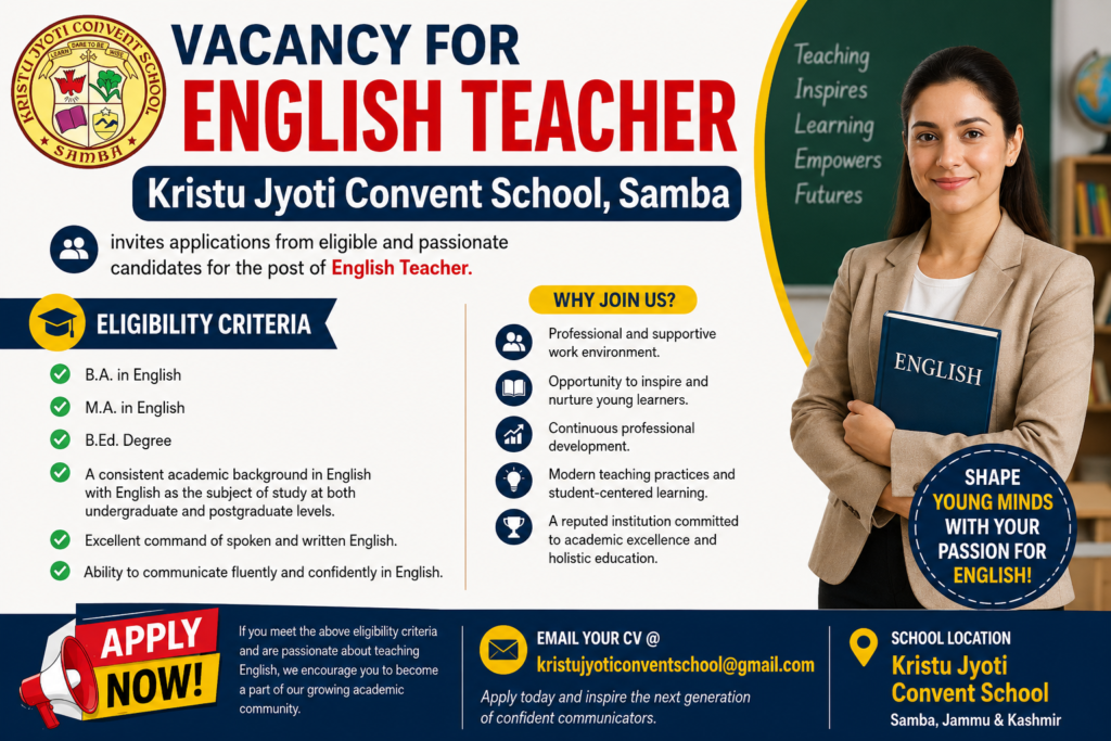 Vacancy for English Teacher at Kristu Jyoti Convent School, Samba | Apply Now